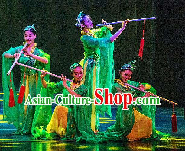Dance Between Heaven and Earth Chinese Classical Dance Green Dress Stage Performance Dance Costume and Headpiece for Women