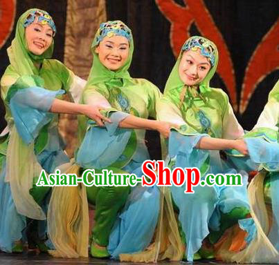 Dance Between Heaven and Earth Chinese Hui Nationality Dance Green Dress Stage Performance Dance Costume and Headpiece for Women