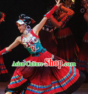 Dance Between Heaven and Earth Chinese Yi Nationality Dance Red Dress Stage Performance Dance Costume and Headpiece for Women