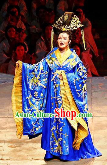Chinese King Zhuang of Chu Ancient Royal Queen Blue Dress Stage Performance Dance Costume and Headpiece for Women
