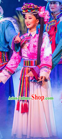 Walking Marriage Chinese Mosuo Minority Folk Dance Pink Dress Stage Performance Dance Costume and Headpiece for Women