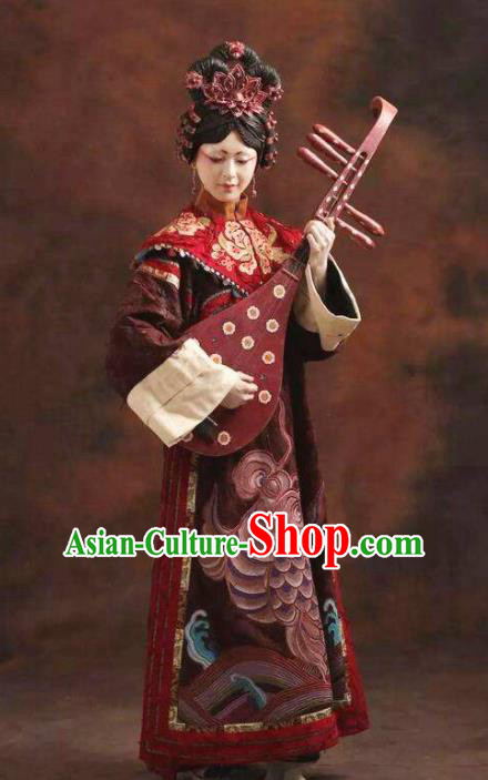 Chinese Pingtan Impression Ancient Qing Dynasty Purplish Red Dress Stage Performance Dance Costume and Headpiece for Women