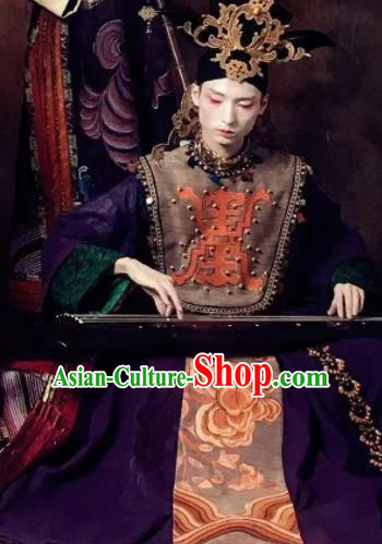 Chinese Pingtan Impression Ancient Qing Dynasty Purple Dress Stage Performance Dance Costume and Headpiece for Women