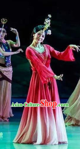 Chinese Lady Zhaojun Ancient Classical Dance Rosy Dress Stage Performance Dance Costume and Headpiece for Women