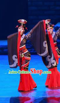 Guan Gong Chinese Classical Dance Black Dress Stage Performance Dance Costume and Headpiece for Women