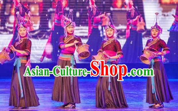 Impression Shanha Chinese She Nationality Folk Dance Black Dress Stage Performance Dance Costume and Headpiece for Women