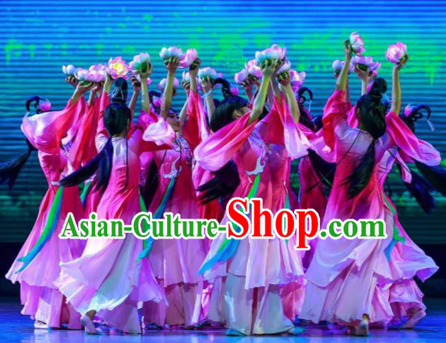 Sunsets Chinese Classical Dance Rosy Dress Stage Performance Dance Costume and Headpiece for Women