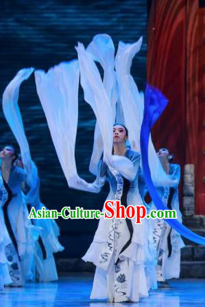 Sunsets Chinese Classical Dance Grey Dress Stage Performance Dance Costume and Headpiece for Women