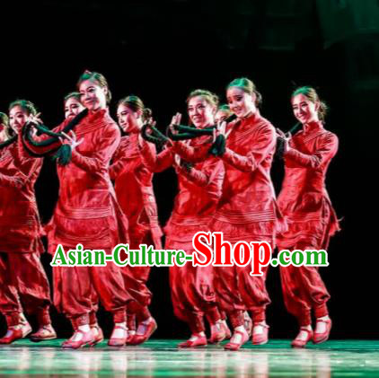 Fu Sheng Chinese Folk Dance Red Dress Stage Performance Dance Costume and Headpiece for Women
