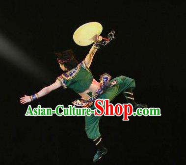 Manchu Tambourine Chinese Manchu Nationality Dance Green Clothing Stage Performance Dance Costume for Men