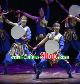 Manchu Tambourine Chinese Manchu Nationality Dance Blue Clothing Stage Performance Dance Costume for Men
