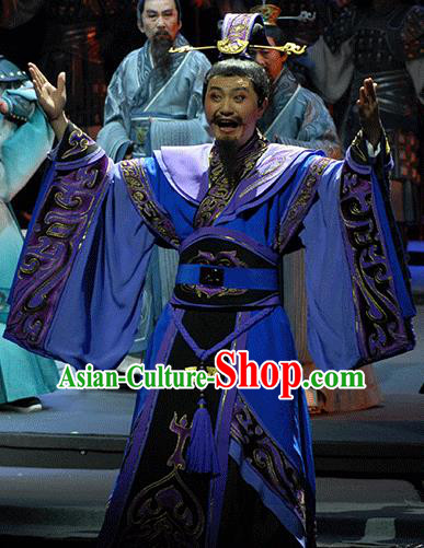 Xiao Qiao Marriage Chinese Peking Opera Minister Purple Clothing Stage Performance Dance Costume and Headpiece for Men