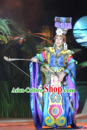 Rainbow Tribe Chinese Tu Minority Blue Dress Stage Performance Dance Costume and Headpiece for Women