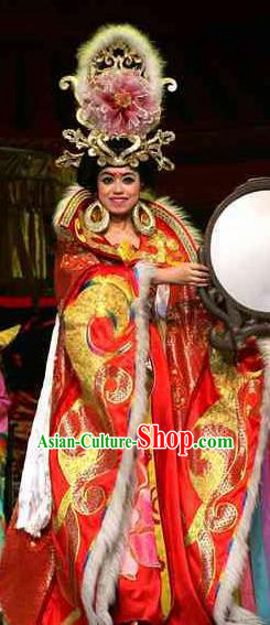 Rainbow Tribe Chinese Classical Dance Red Dress Stage Performance Dance Costume and Headpiece for Women