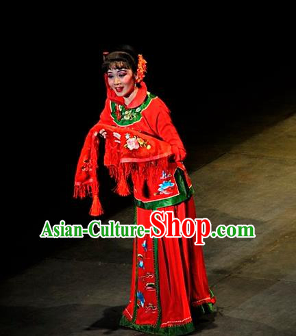 Huizhou Beauty Chinese Huangmei Opera Red Dress Stage Performance Dance Costume and Headpiece for Women