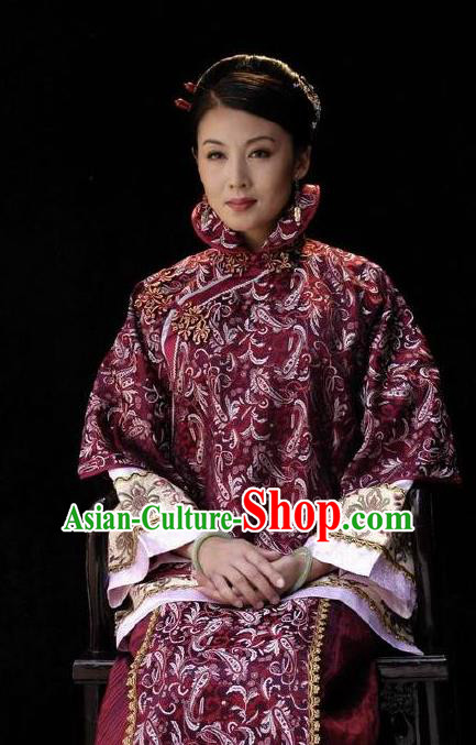 Huizhou Beauty Chinese Huangmei Opera Purplish Red Dress Stage Performance Dance Costume and Headpiece for Women