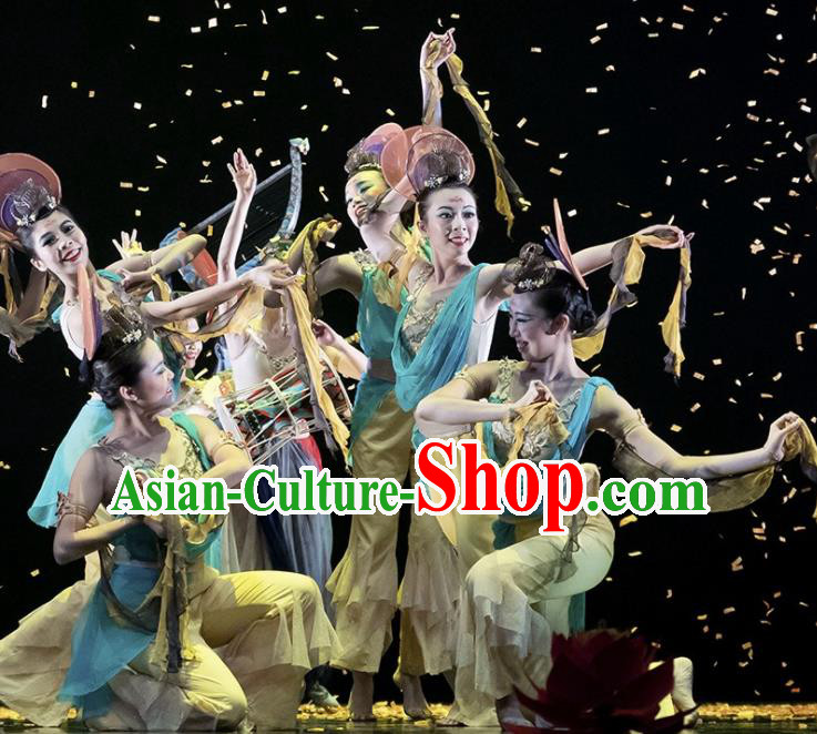 Dunhuang Reflections Chinese Classical Dance Yellow Dress Stage Performance Dance Costume and Headpiece for Women
