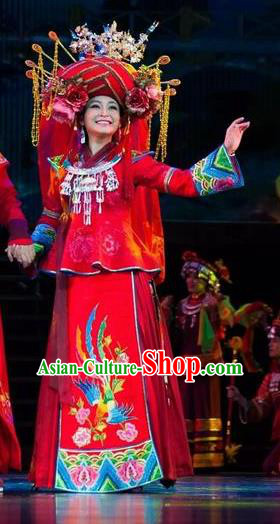 Huang Si Jie Chinese Tujia Minority Wedding Red Dress Stage Performance Dance Costume and Headpiece for Women