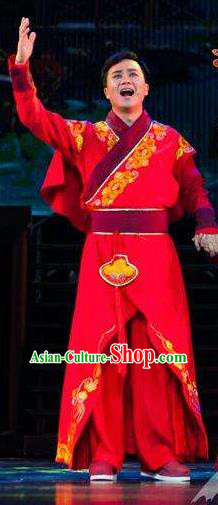 Huang Si Jie Chinese Tujia Minority Bridegroom Red Clothing Stage Performance Dance Costume and Headpiece for Men