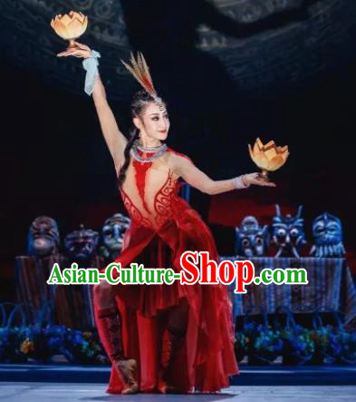 Menogga Garden Chinese Classical Dance Red Dress Stage Performance Dance Costume and Headpiece for Women