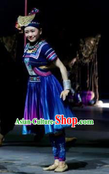 Menogga Garden Chinese Zhuang Nationality Folk Dance Blue Dress Stage Performance Dance Costume and Headpiece for Women