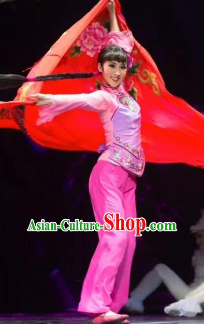 Drama Lan Huahua Chinese Folk Dance Pink Dress Stage Performance Dance Costume and Headpiece for Women