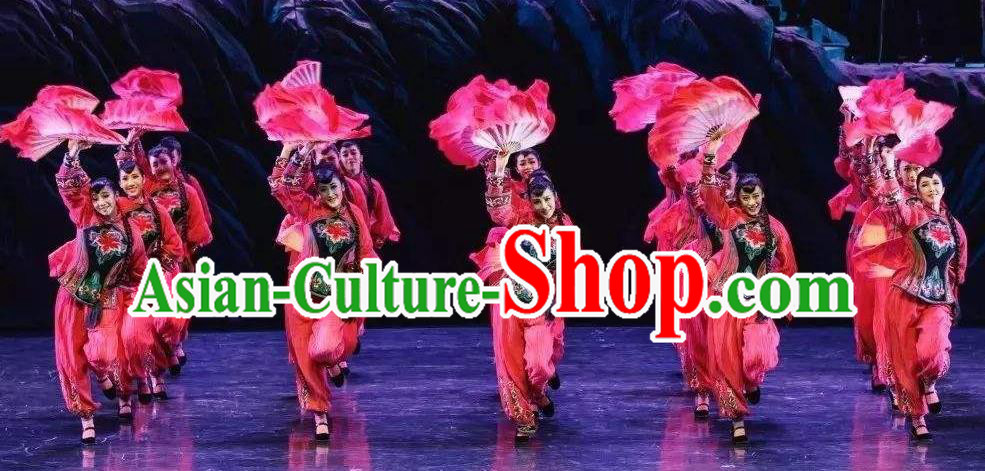 Drama Lan Huahua Chinese Folk Dance Fan Dance Dress Stage Performance Dance Costume and Headpiece for Women
