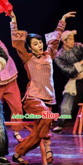 Drama Lan Huahua Chinese Folk Dance Brown Dress Stage Performance Dance Costume and Headpiece for Women