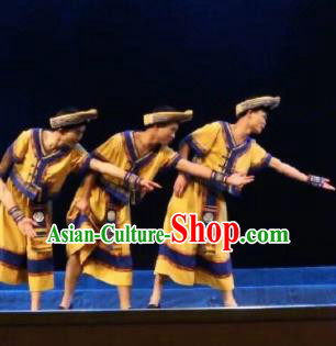 Goddess Ya Song Chinese Zhuang Nationality Dance Yellow Clothing Stage Performance Dance Costume and Headpiece for Men