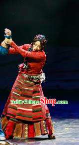 The Heavenly Road Chinese Zang Nationality Folk Dance Red Dress Stage Performance Dance Costume and Headpiece for Women