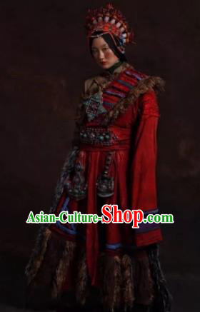 The Heavenly Road Chinese Zang Nationality Dance Red Tibetan Robe Stage Performance Dance Costume and Headpiece for Women