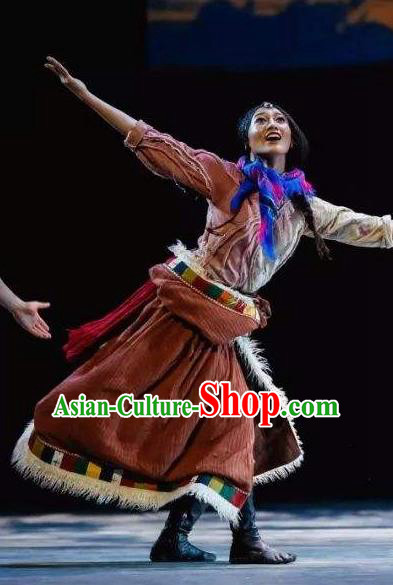 The Heavenly Road Chinese Zang Nationality Dance Tibetan Robe Stage Performance Dance Costume and Headpiece for Women