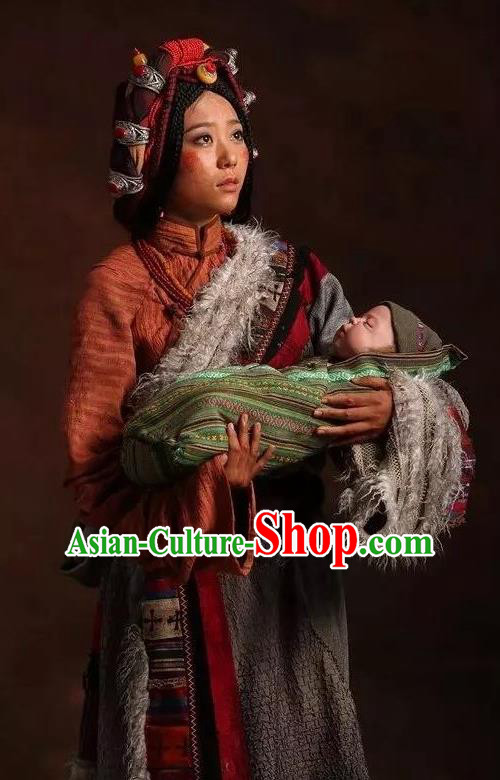 The Heavenly Road Chinese Zang Nationality Dance Tibetan Robe Stage Performance Dance Costume and Headpiece for Women