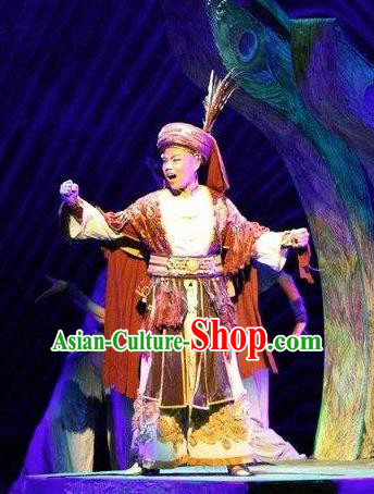Hundred Bird Dress Chinese Zhuang Ethnic Youth Clothing Stage Performance Dance Costume and Headpiece for Men