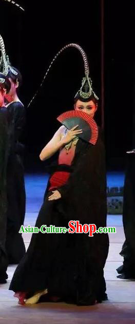 Chinese Orphan Classical Dance Black Dress Stage Performance Dance Costume and Headpiece for Women