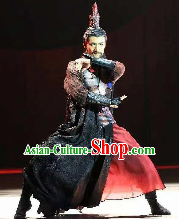 Drama Chinese Orphan Chinese Ancient General Black Clothing Stage Performance Dance Costume and Headpiece for Men