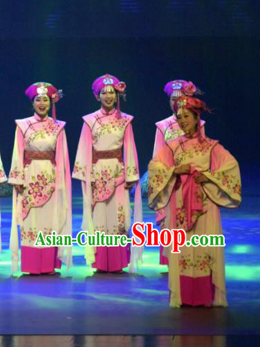 Hometown of Dragon Boat Tune Chinese Tujia Nationality Dance Pink Dress Stage Performance Dance Costume and Headpiece for Women