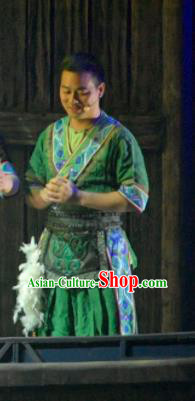 Hometown of Dragon Boat Tune Chinese Tujia Nationality Green Clothing Stage Performance Dance Costume and Headpiece for Men