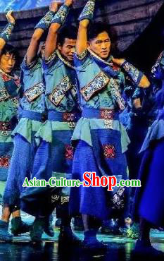 Hometown of Dragon Boat Tune Chinese Tujia Nationality Blue Clothing Stage Performance Dance Costume and Headpiece for Men