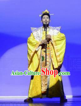 Ganzhou Musical Dance Chinese Ancient Emperor Golden Clothing Stage Performance Dance Costume and Headpiece for Men