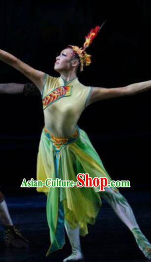 Hundred Bird Dress Chinese Classical Dance Green Dress Stage Performance Dance Costume and Headpiece for Women