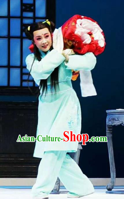 Xiang Luo Ji Chinese Shaoxing Opera Servant Blue Clothing Stage Performance Dance Costume and Headpiece for Men