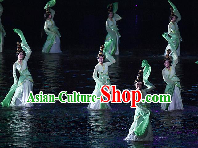 Return To the Three Gorges Chinese Classical Dance Water Sleeve Dress Stage Performance Costume and Headpiece for Women