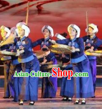 Buyi Ba Yin Chinese Bouyei Nationality Folk Dance Blue Dress Stage Performance Dance Costume and Headpiece for Women