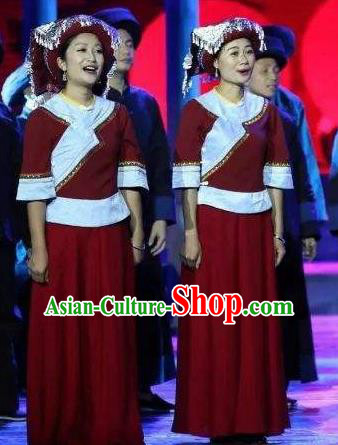 Buyi Ba Yin Chinese Bouyei Nationality Folk Dance Wine Red Dress Stage Performance Dance Costume and Headpiece for Women