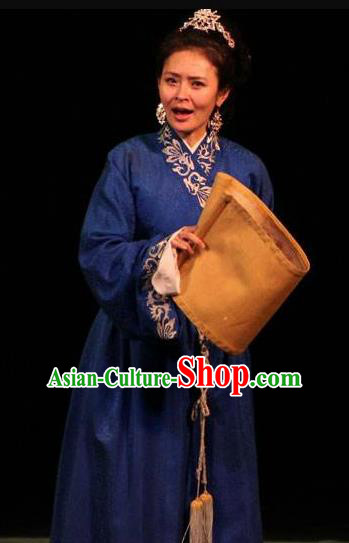 Cai Wenji Chinese Opera Ancient Poetess Navy Dress Stage Performance Dance Costume and Headpiece for Women