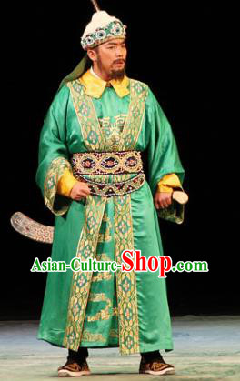 Cai Wenji Chinese Opera Ancient Huns King Green Clothing Stage Performance Dance Costume and Headpiece for Men