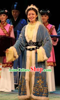 Cai Wenji Chinese Opera Ancient Female Litterateur Blue Dress Stage Performance Dance Costume and Headpiece for Women