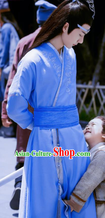 Chinese Drama The Untamed Ancient Nobility Childe Swordsman Lan Wangji Wang Yibo Embroidered Blue Costumes for Men