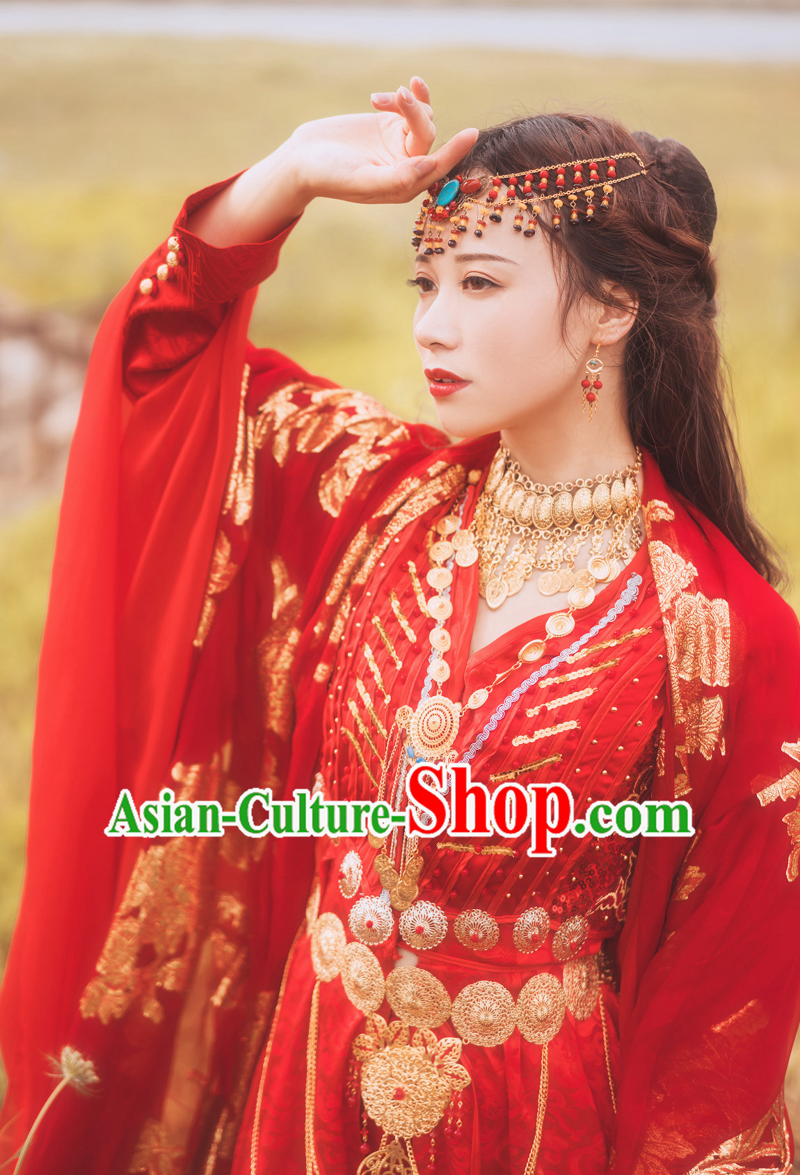 Ancient China Most Beautiful Bride Wedding Dress Clothing Garment Wigs Hair Jewelries Complete Set